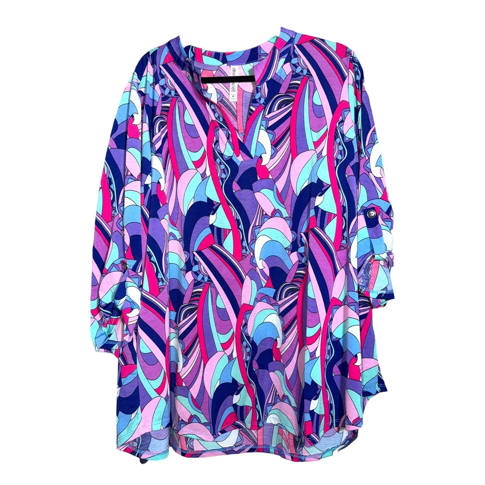 Dear Scarlett Lizzy Purple Pink Abstract Psychedelic 3/4 Roll Tab Tunic Top XL